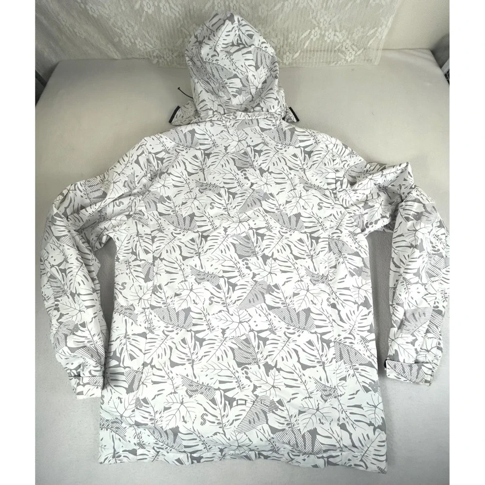 Explore S Windbreaker Kids Size M Grey White Tropical Leaf Print Rain Jacket